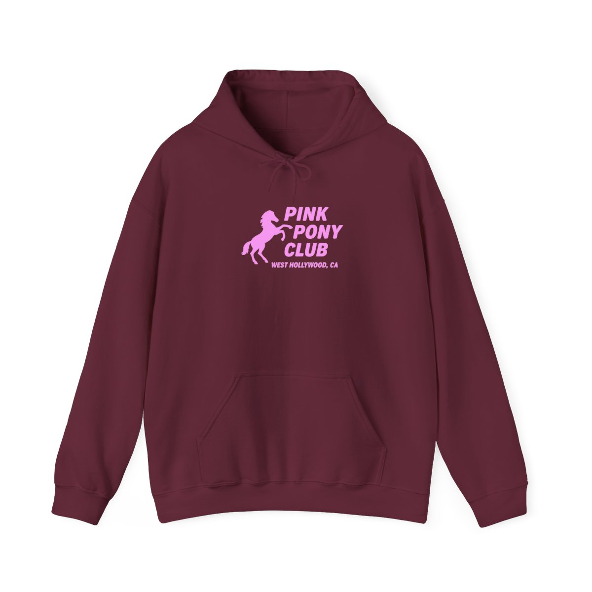 Light blue hoodie with a pink silhouette of a horse and the text "PINK PONY CLUB WEST HOLLYWOOD, CA" - alternate angle 2, merchandise