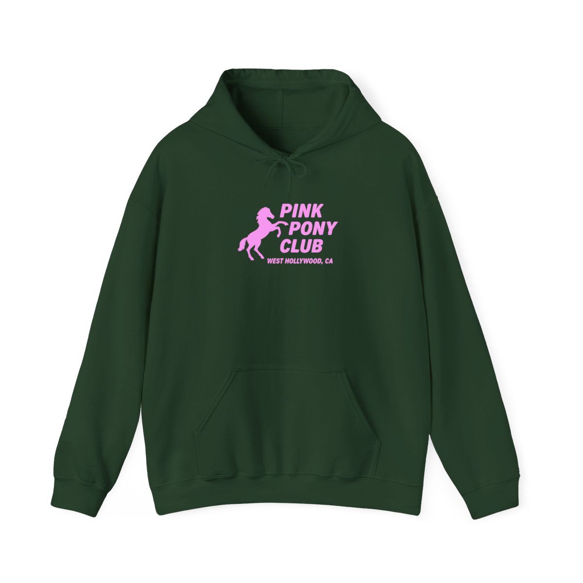 Light blue hoodie with a pink silhouette of a horse and the text "PINK PONY CLUB WEST HOLLYWOOD, CA" - alternate angle 4, merchandise