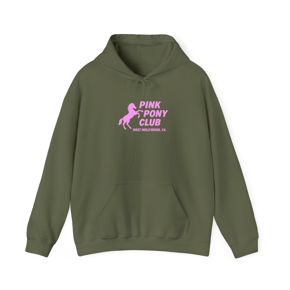 Light blue hoodie with a pink silhouette of a horse and the text "PINK PONY CLUB WEST HOLLYWOOD, CA" - alternate angle 3, merchandise