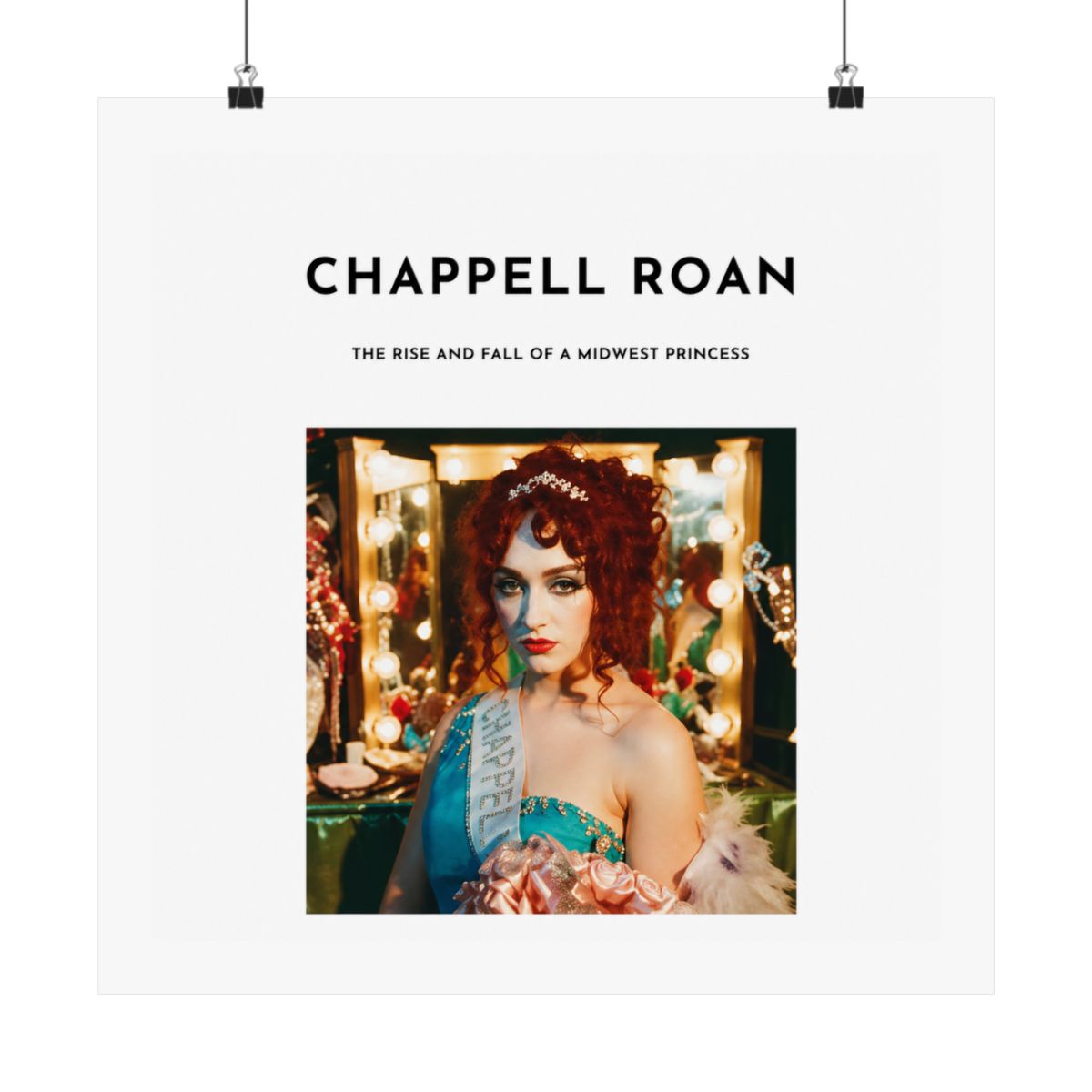 A Dresses with a white background and black text that reads "Chappell Roan, The Rise and Fall of a Midwest Princess". The Dresses features a photo of a woman with red hair wearing a blue and white... - alternate angle 1, merchandise