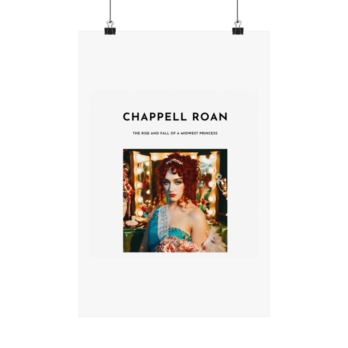 A Dresses with a white background and black text that reads "Chappell Roan, The Rise and Fall of a Midwest Princess". The Dresses features a photo of a woman with red hair wearing a blue and white... - Chappell Roan official Posters & Wall Art merch