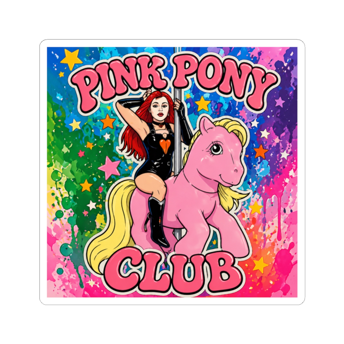 A white sticker featuring a pink pony with a woman in a black outfit riding it. The text "PINK PONY CLUB" is written in pink letters on the sticker - alternate angle 3, merchandise