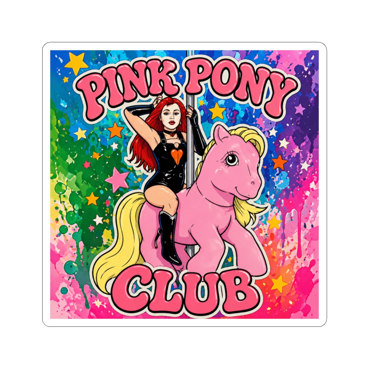 A white sticker featuring a pink pony with a woman in a black outfit riding it. The text "PINK PONY CLUB" is written in pink letters on the sticker - Chappell Roan official Stickers merch