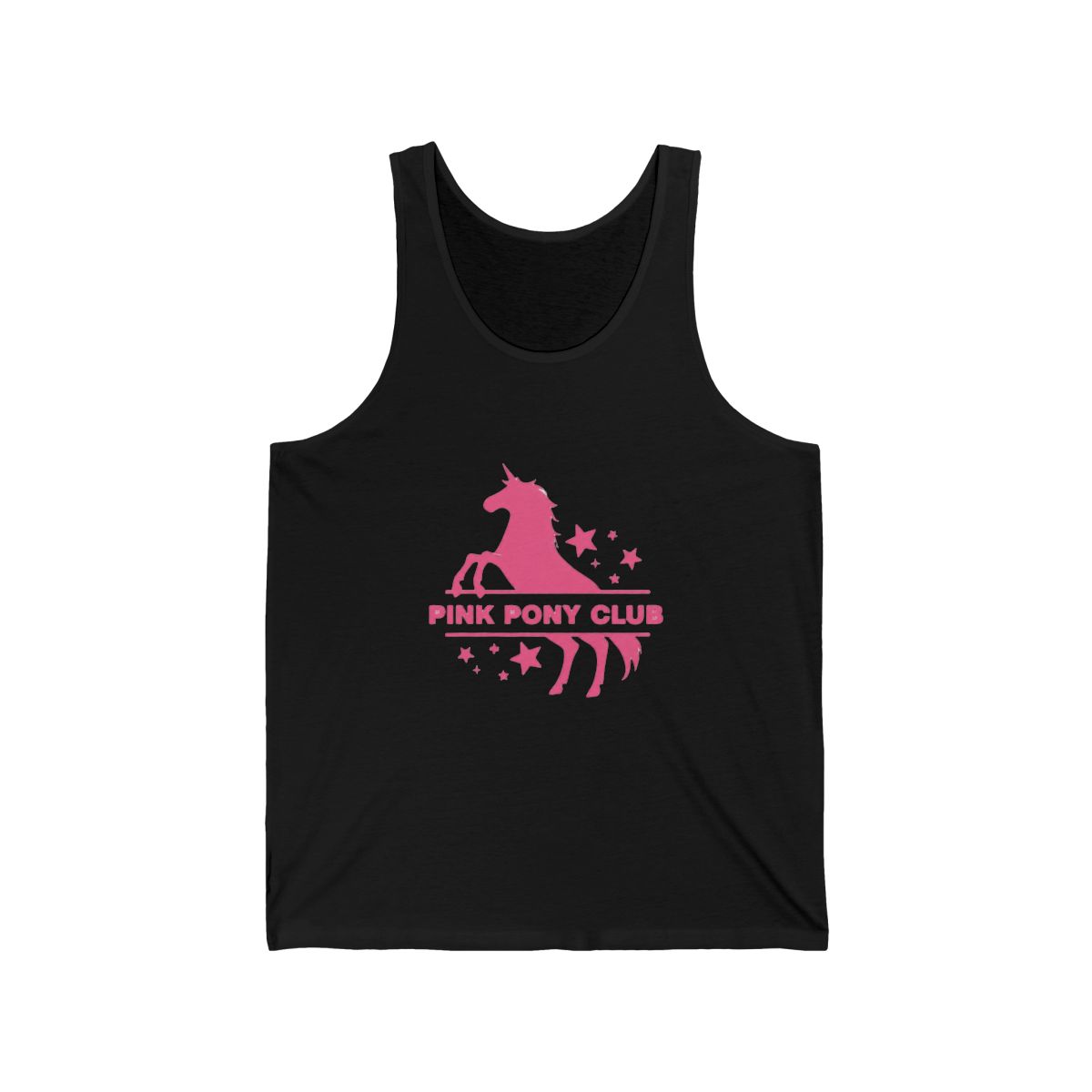 White tank top featuring a pink unicorn silhouette and the text " PONY CLUB" in lettering. The unicorn is surrounded by stars - Official tank-tops merchandise
