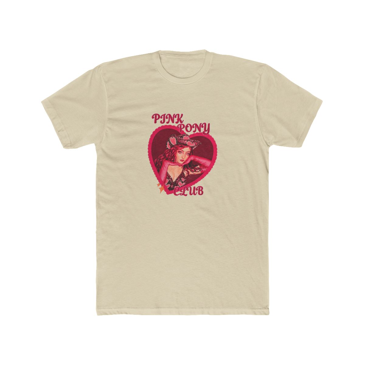 Two t-shirts with a pink heart design featuring a woman wearing a cowboy hat and the text "PINK PONY CLUB"
