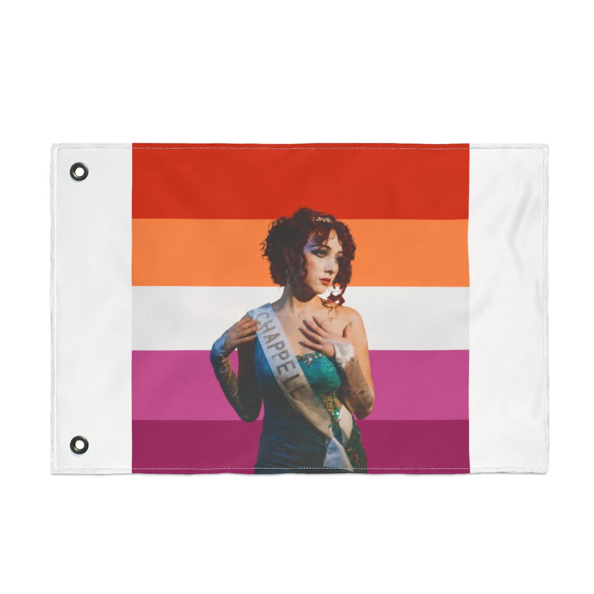 A Dresses featuring a person in a teal dress and a sash that reads "CHAPPEL". The background is the lesbian pride flag, with horizontal stripes of orange, white, pink, and magenta - Official Hats & Caps merchandise