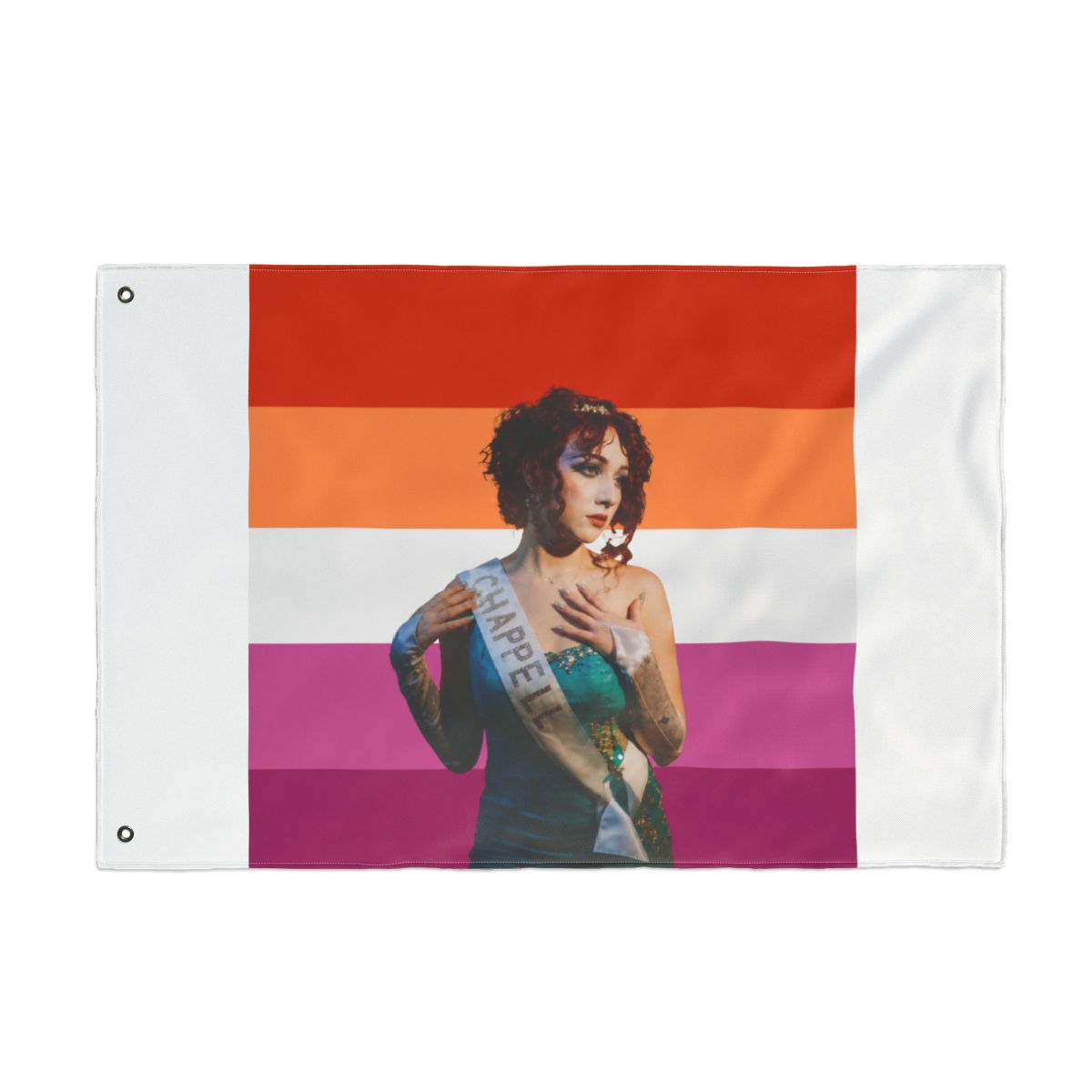 A Dresses featuring a person in a teal dress and a sash that reads "CHAPPEL". The background is the lesbian pride flag, with horizontal stripes of orange, white, pink, and magenta - alternate angle 2, merchandise