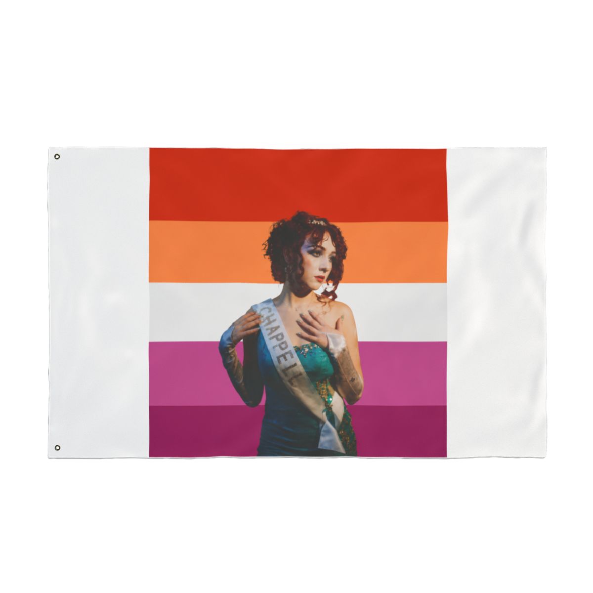 A Dresses featuring a person in a teal dress and a sash that reads "CHAPPEL". The background is the lesbian pride flag, with horizontal stripes of orange, white, pink, and magenta - alternate angle 4, merchandise
