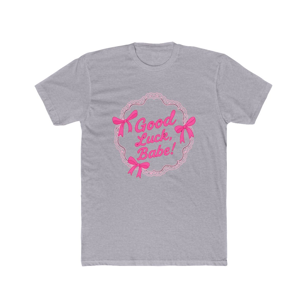 Orchid-coloured T Shirt featuring a cake graphic with pink bows and the text "Good Luck, Babe!". The shirt is made of a soft material and is suitable for casual wear