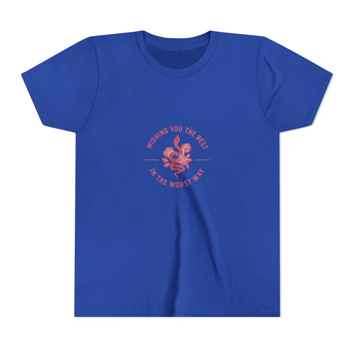 A dark grey t-shirt with a pink graphic of a snake with roses and the text "Wishing you the best in the worst way". (Kids) - alternate angle 4, merchandise