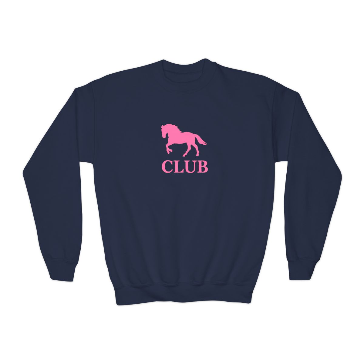Black sweatshirt with a pink silhouette of a horse and the word "CLUB" printed on the front. (Kids) - alternate angle 2, merchandise