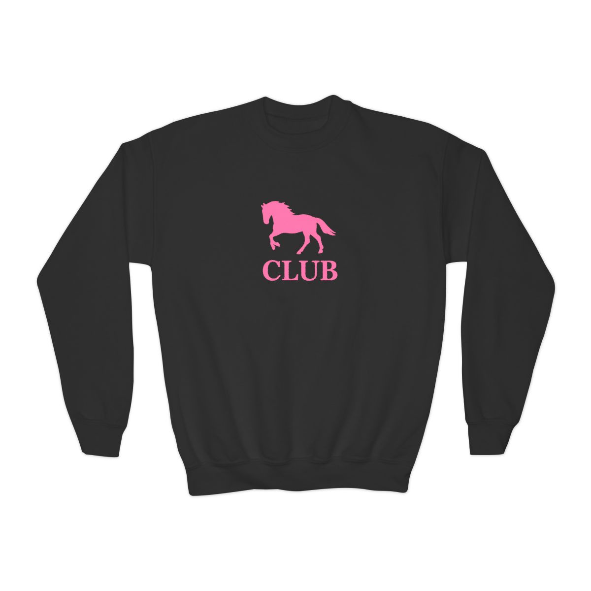 Black sweatshirt with a pink silhouette of a horse and the word "CLUB" printed on the front. (Kids)