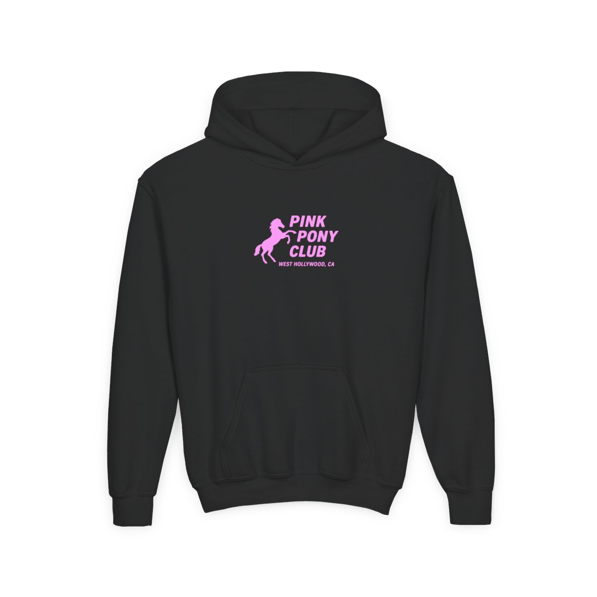 Light blue hoodie with a pink silhouette of a horse and the text "PINK PONY CLUB WEST HOLLYWOOD, CA" (Kids)