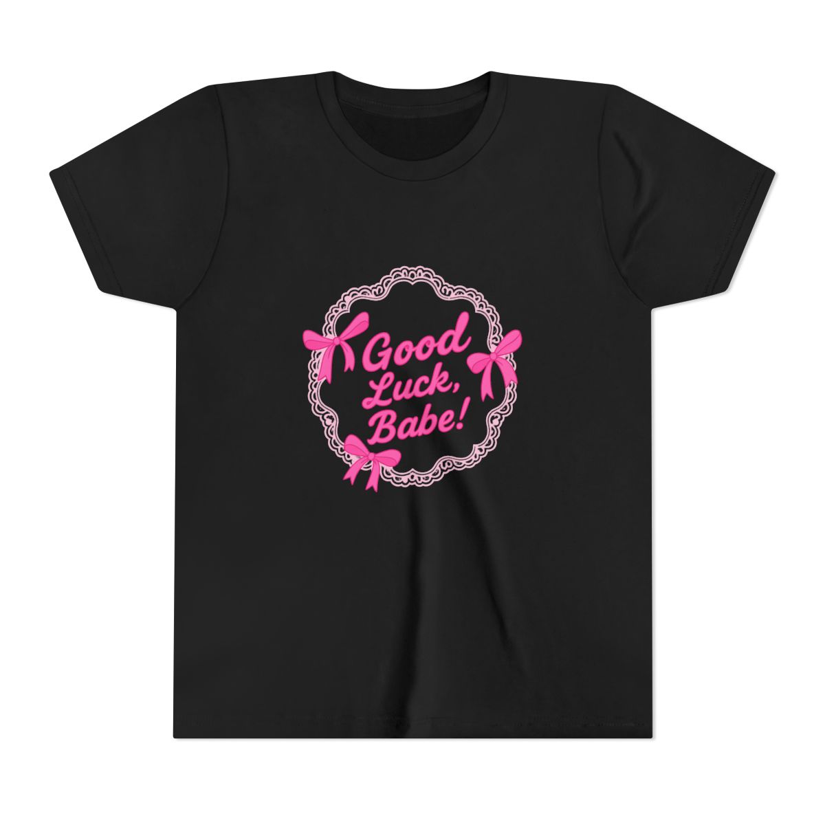 Orchid-coloured T Shirt featuring a cake graphic with pink bows and the text "Good Luck, Babe!". The shirt is made of a soft material and is suitable for casual wear (Kids)