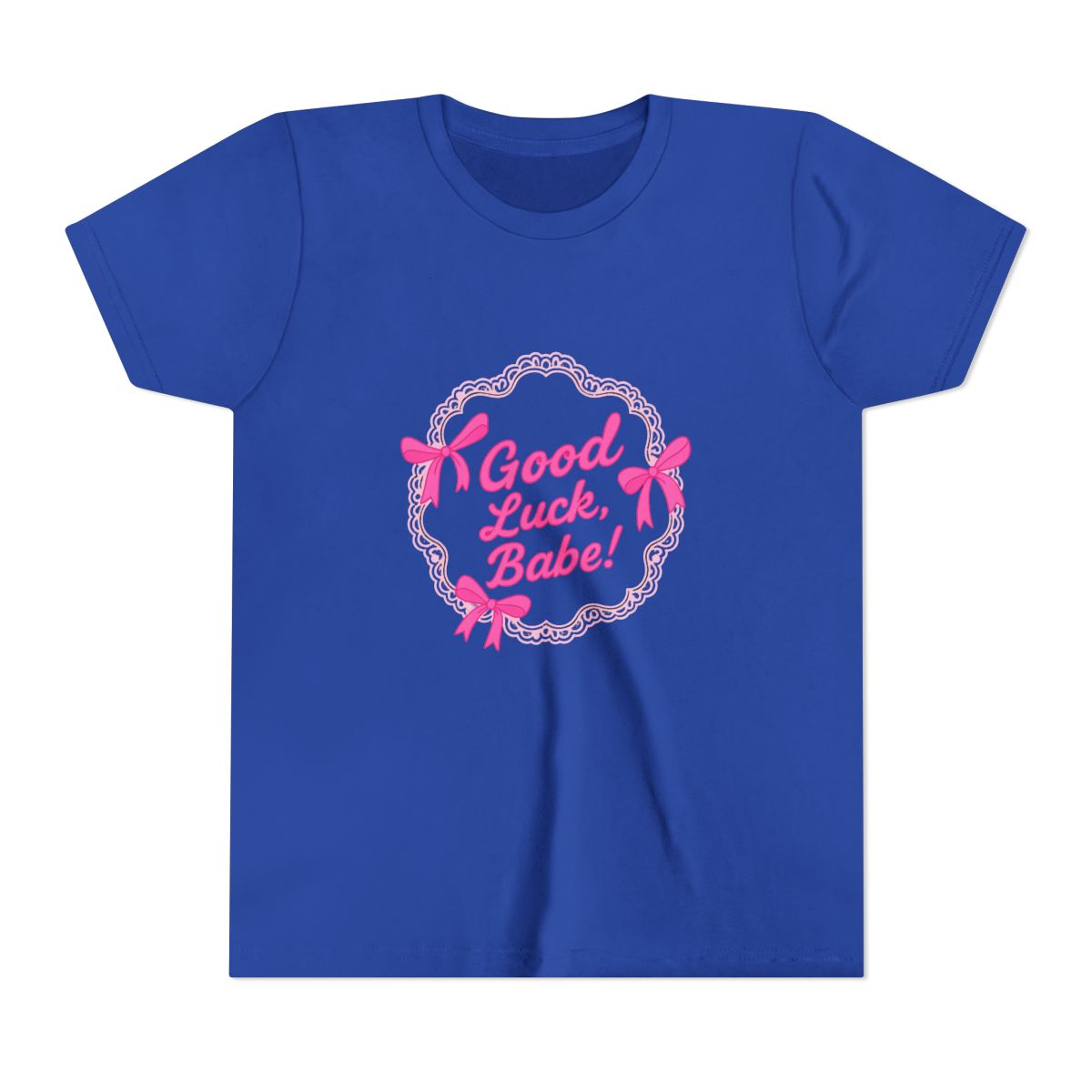 Orchid-coloured T Shirt featuring a cake graphic with pink bows and the text "Good Luck, Babe!". The shirt is made of a soft material and is suitable for casual wear (Kids) - alternate angle 4, merchandise